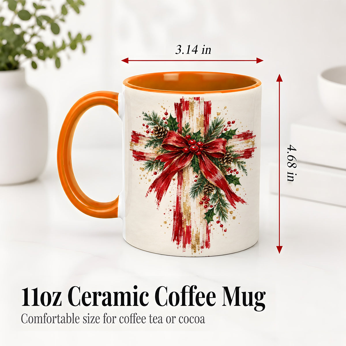 #pl[11oz|Orange] Christmas Cross Ceramic Mug, Faith Holiday Coffee Cup Artwork