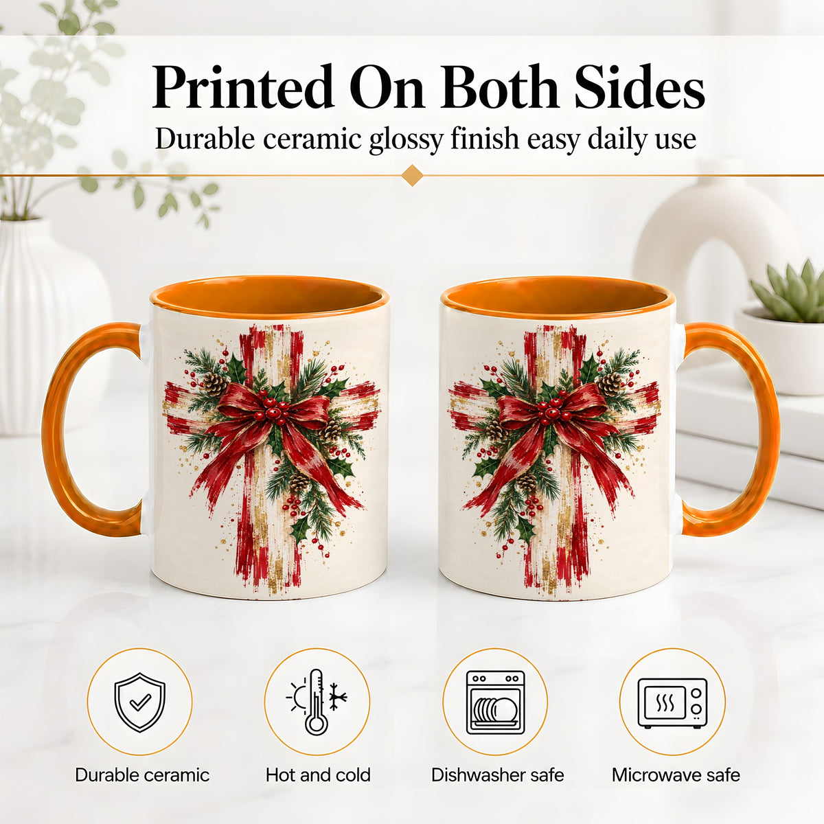 #pl[11oz|Orange] Christmas Cross Ceramic Mug, Faith Holiday Coffee Cup Artwork