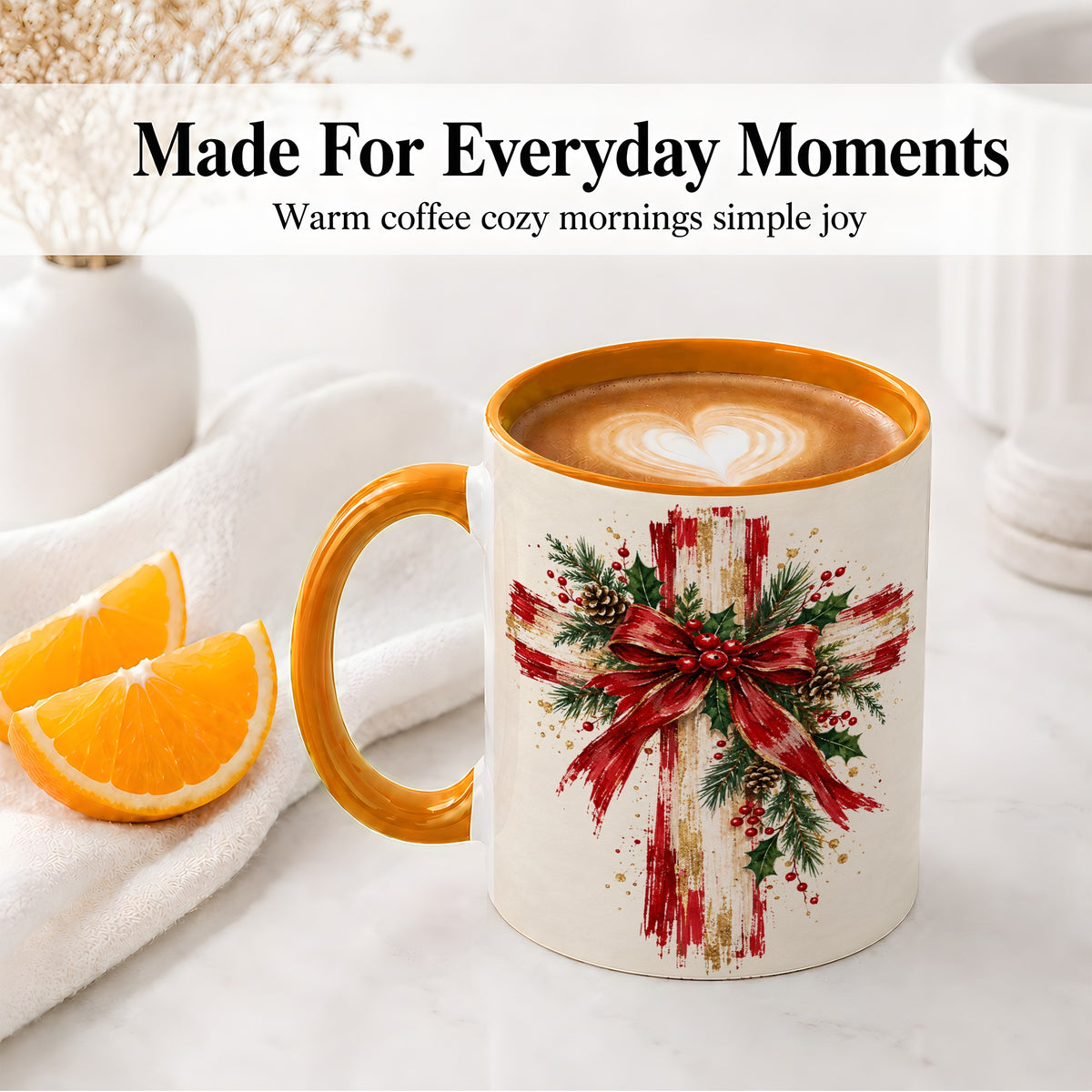 #pl[11oz|Orange] Christmas Cross Ceramic Mug, Faith Holiday Coffee Cup Artwork