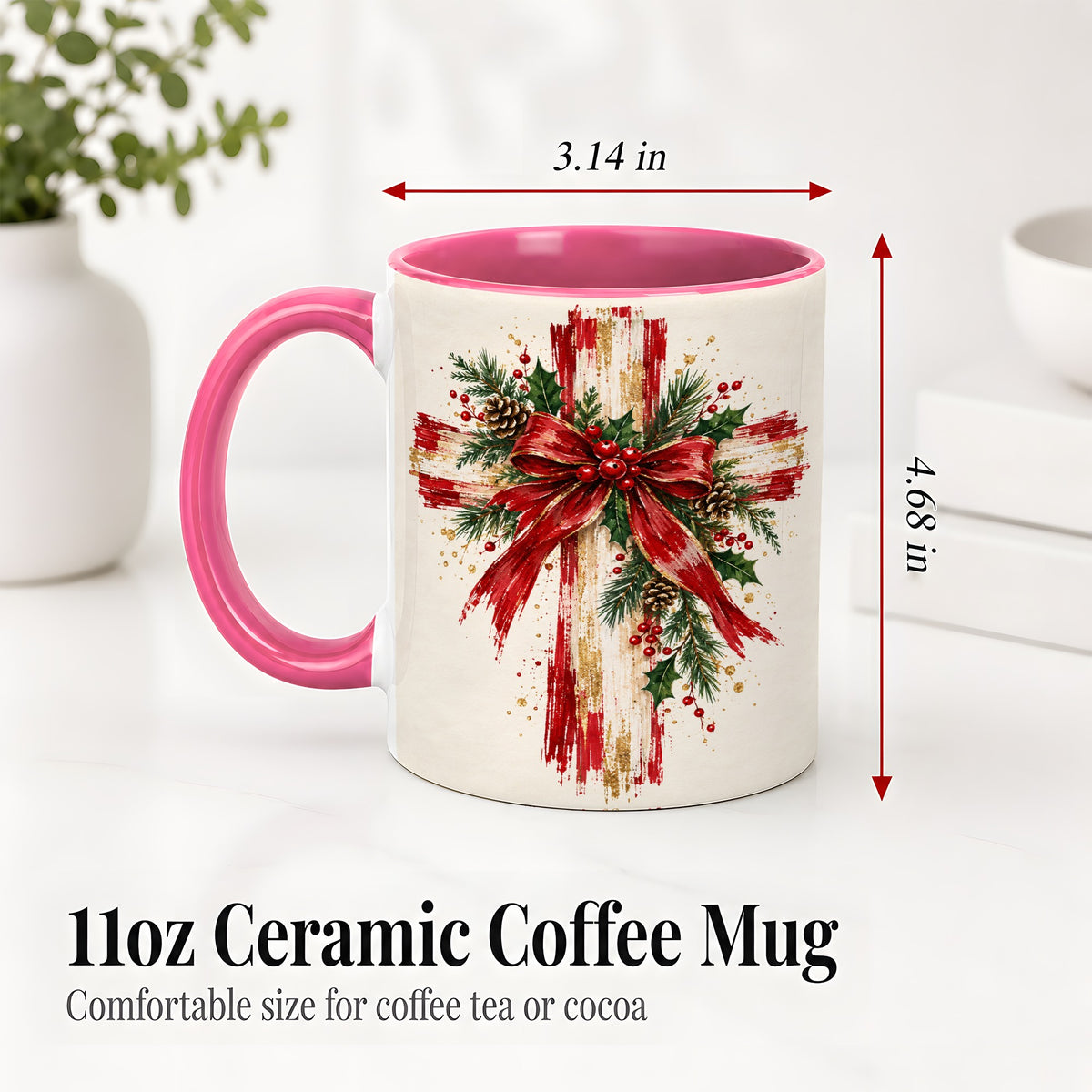 #pl[11oz|Pink] Christmas Cross Ceramic Mug, Faith Holiday Coffee Cup Artwork