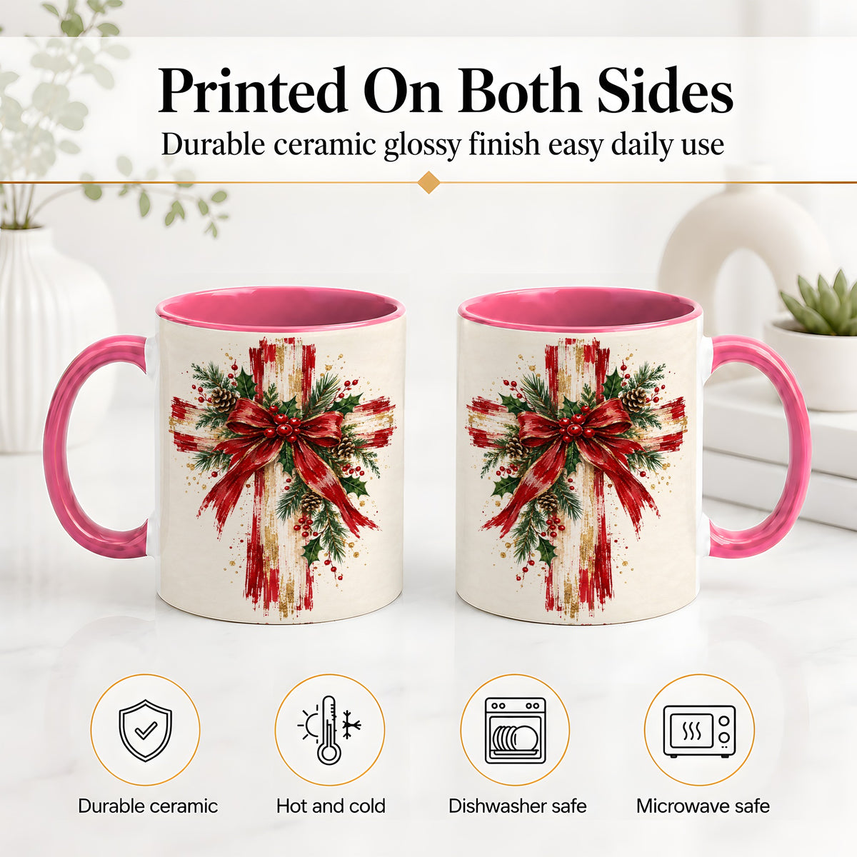 #pl[11oz|Pink] Christmas Cross Ceramic Mug, Faith Holiday Coffee Cup Artwork