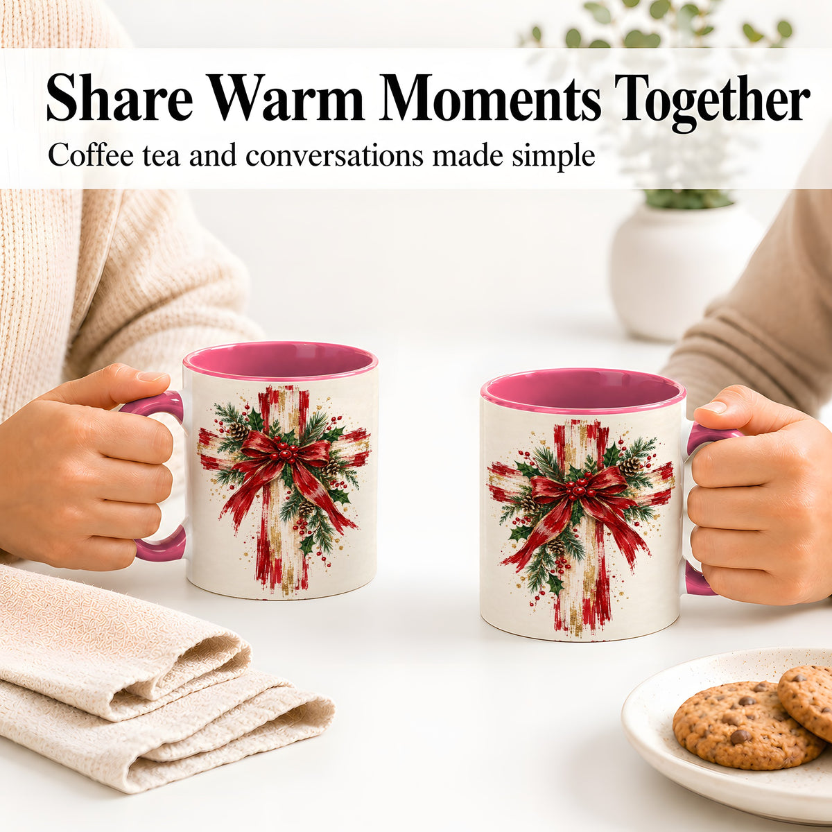 #pl[11oz|Pink] Christmas Cross Ceramic Mug, Faith Holiday Coffee Cup Artwork