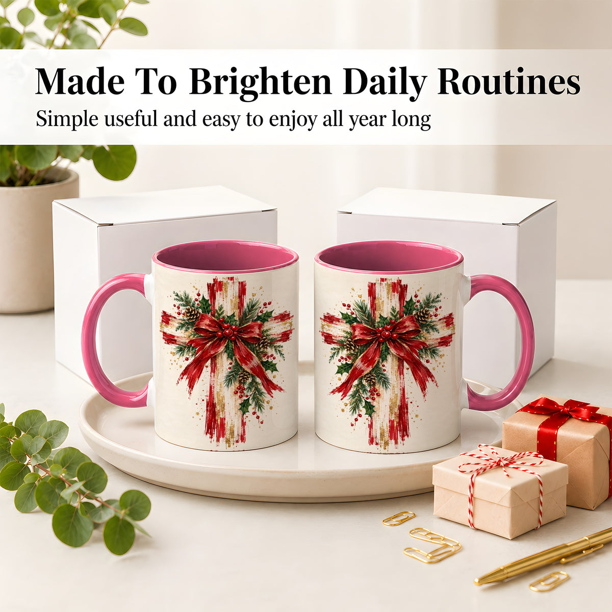 #pl[11oz|Pink] Christmas Cross Ceramic Mug, Faith Holiday Coffee Cup Artwork