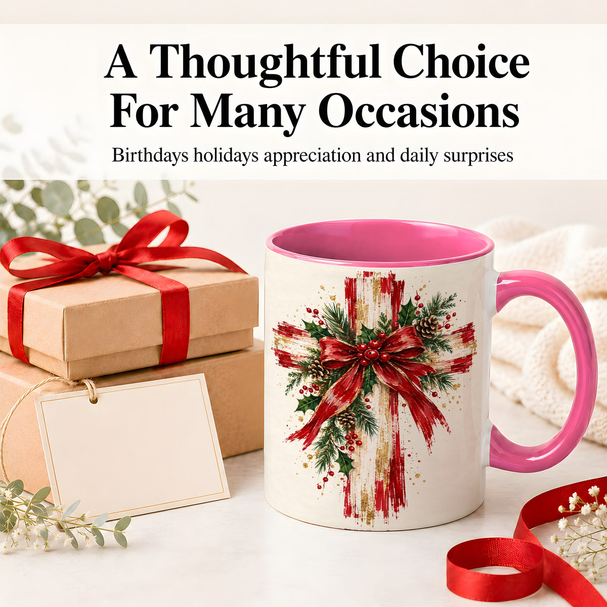 #pl[11oz|Pink] Christmas Cross Ceramic Mug, Faith Holiday Coffee Cup Artwork