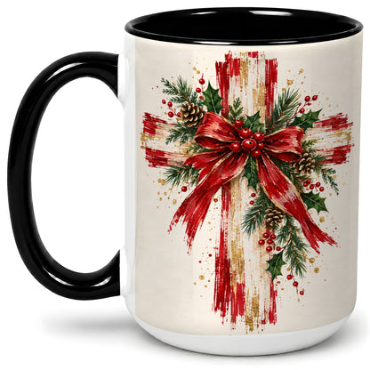 #pl[15oz|Black] Christmas Cross Ceramic Mug, Faith Holiday Coffee Cup Artwork