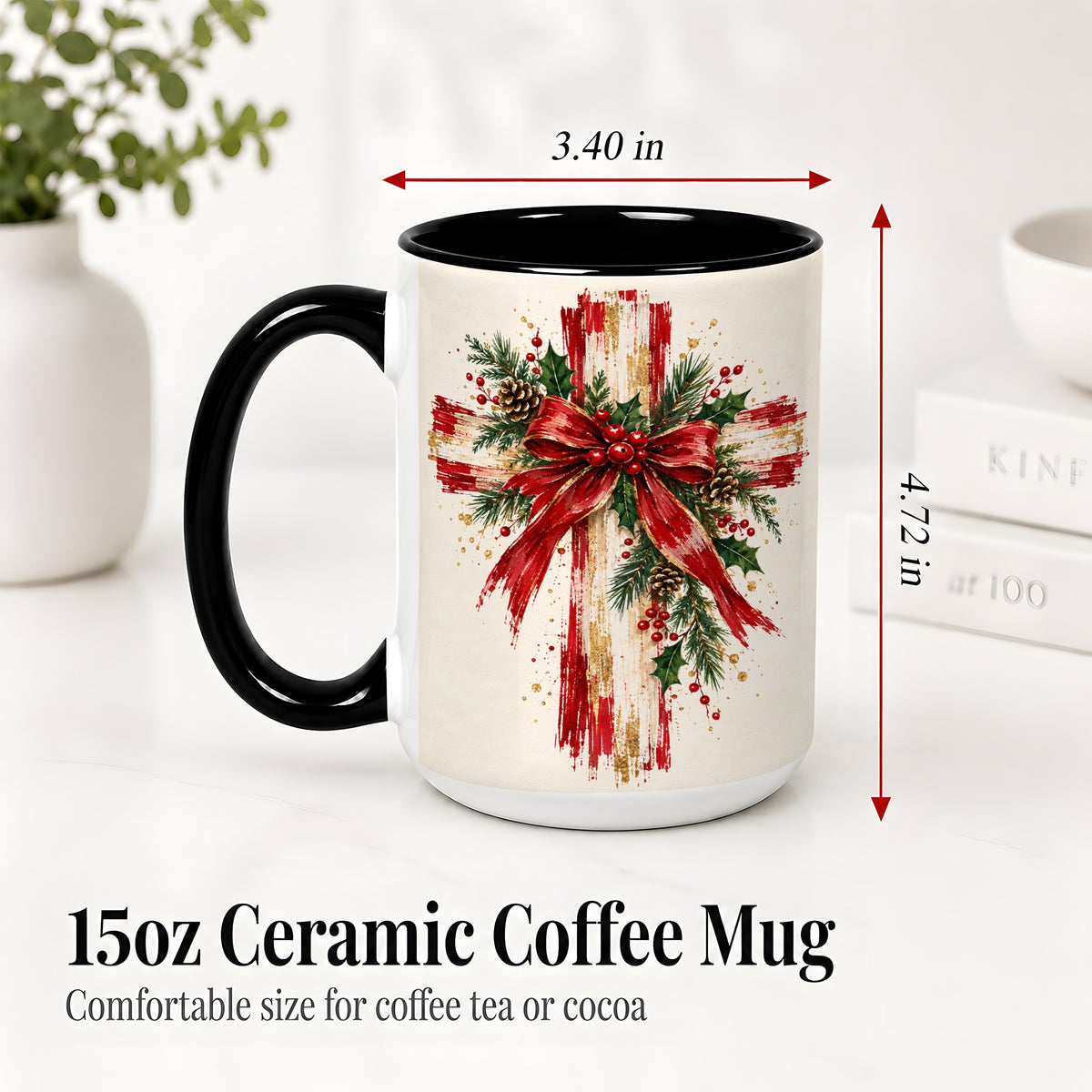 #pl[15oz|Black] Christmas Cross Ceramic Mug, Faith Holiday Coffee Cup Artwork