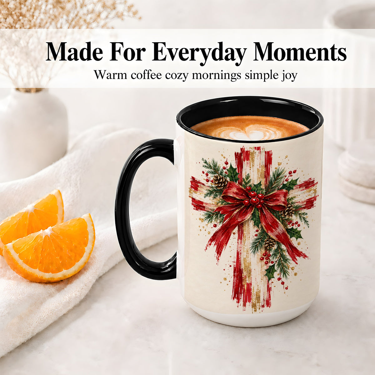 #pl[15oz|Black] Christmas Cross Ceramic Mug, Faith Holiday Coffee Cup Artwork