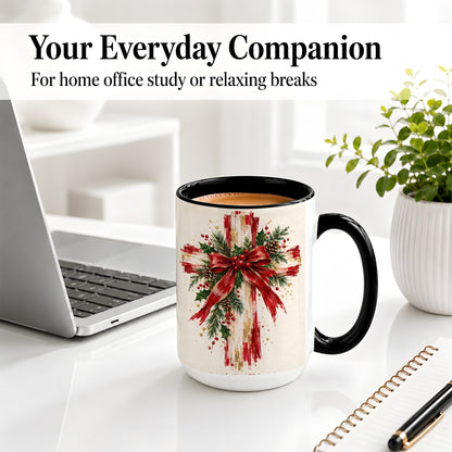 #pl[15oz|Black] Christmas Cross Ceramic Mug, Faith Holiday Coffee Cup Artwork