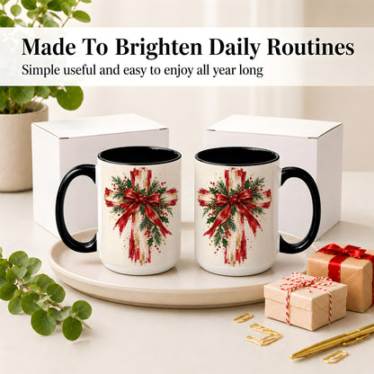 #pl[15oz|Black] Christmas Cross Ceramic Mug, Faith Holiday Coffee Cup Artwork