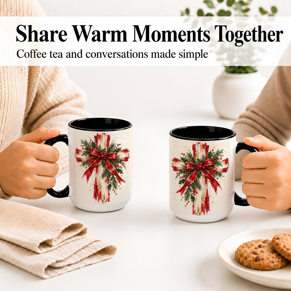 #pl[15oz|Black] Christmas Cross Ceramic Mug, Faith Holiday Coffee Cup Artwork