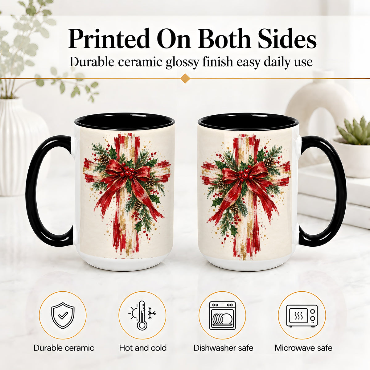 #pl[15oz|Black] Christmas Cross Ceramic Mug, Faith Holiday Coffee Cup Artwork