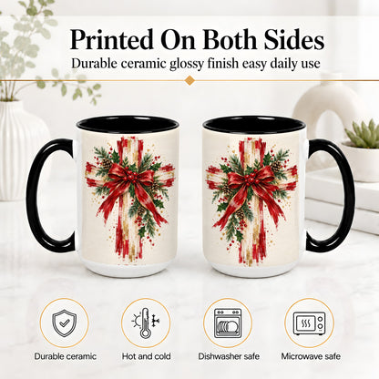 #pl[15oz|Black] Christmas Cross Ceramic Mug, Faith Holiday Coffee Cup Artwork