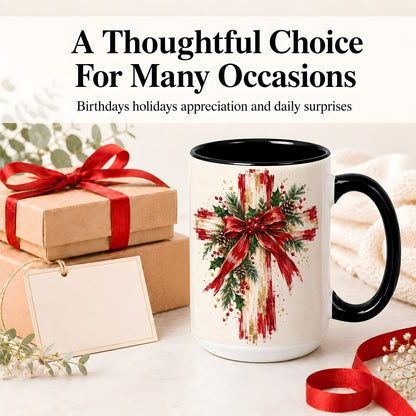 #pl[15oz|Black] Christmas Cross Ceramic Mug, Faith Holiday Coffee Cup Artwork