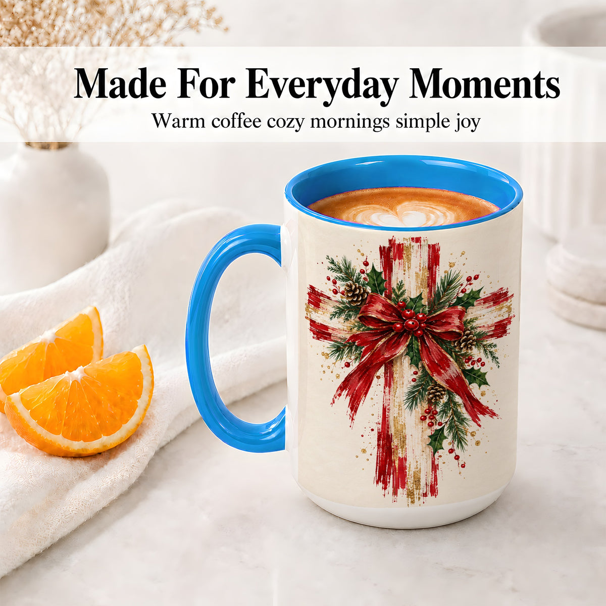 #pl[15oz|Blue] Christmas Cross Ceramic Mug, Faith Holiday Coffee Cup Artwork