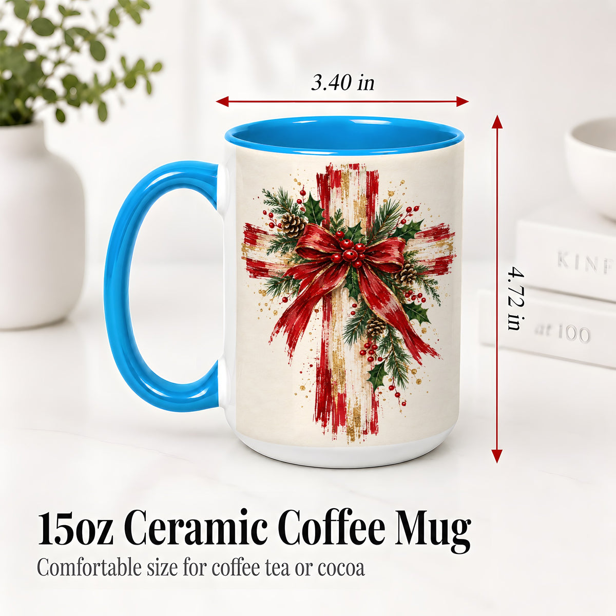 #pl[15oz|Blue] Christmas Cross Ceramic Mug, Faith Holiday Coffee Cup Artwork