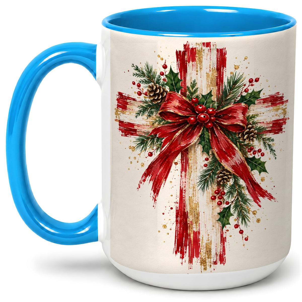 #pl[15oz|Blue] Christmas Cross Ceramic Mug, Faith Holiday Coffee Cup Artwork
