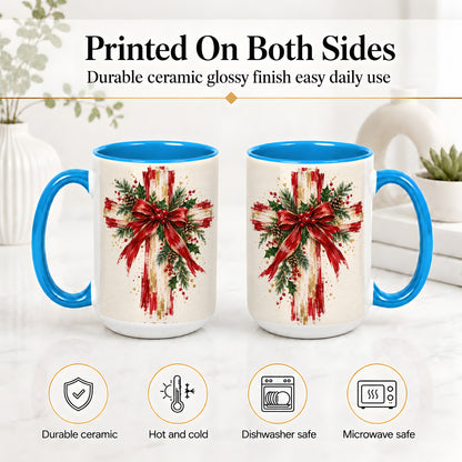 #pl[15oz|Blue] Christmas Cross Ceramic Mug, Faith Holiday Coffee Cup Artwork