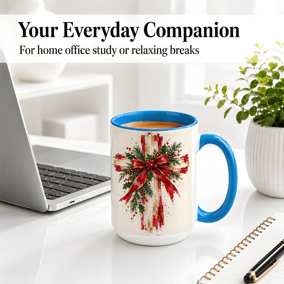 #pl[15oz|Blue] Christmas Cross Ceramic Mug, Faith Holiday Coffee Cup Artwork