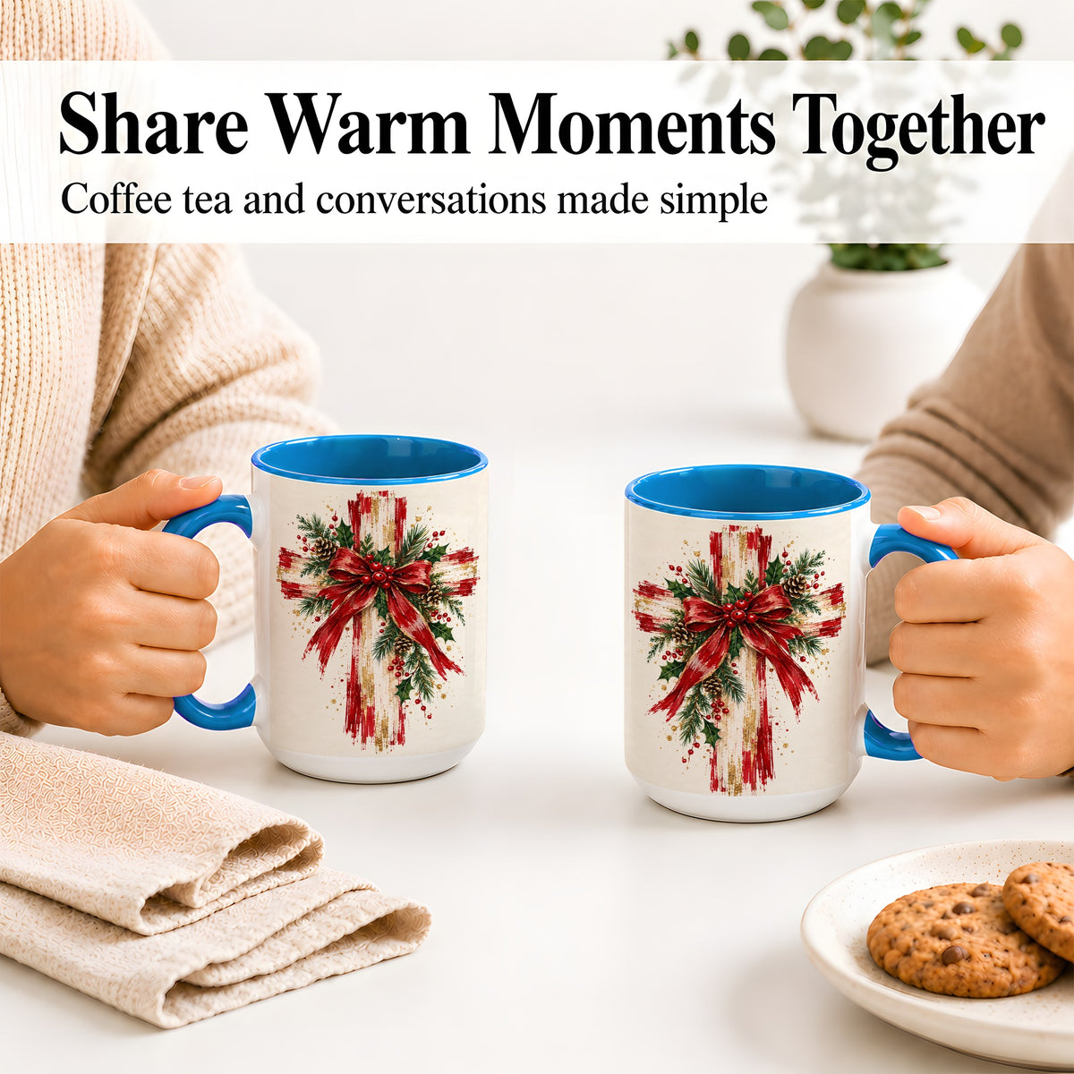 #pl[15oz|Blue] Christmas Cross Ceramic Mug, Faith Holiday Coffee Cup Artwork