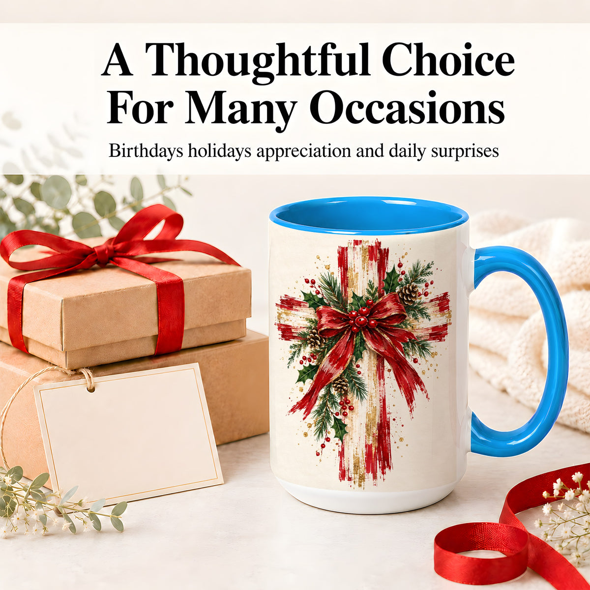 #pl[15oz|Blue] Christmas Cross Ceramic Mug, Faith Holiday Coffee Cup Artwork
