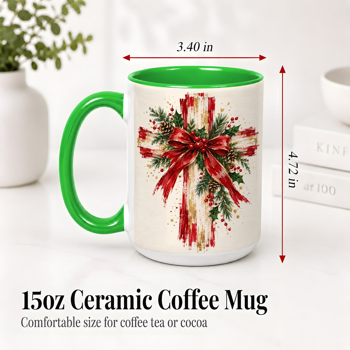 #pl[15oz|Green] Christmas Cross Ceramic Mug, Faith Holiday Coffee Cup Artwork