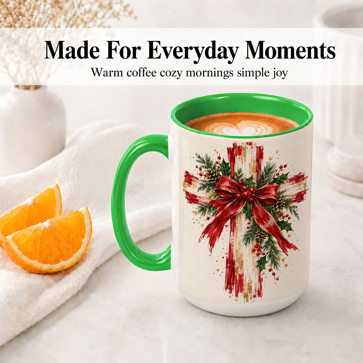 #pl[15oz|Green] Christmas Cross Ceramic Mug, Faith Holiday Coffee Cup Artwork