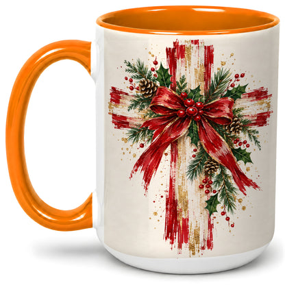 #pl[15oz|Orange] Christmas Cross Ceramic Mug, Faith Holiday Coffee Cup Artwork