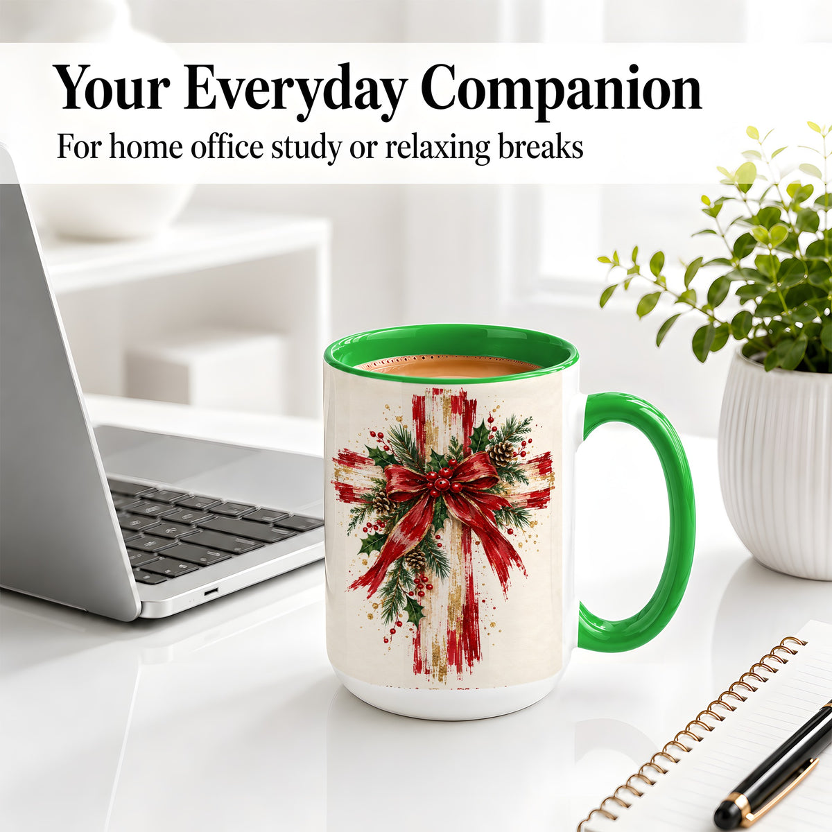 #pl[15oz|Green] Christmas Cross Ceramic Mug, Faith Holiday Coffee Cup Artwork