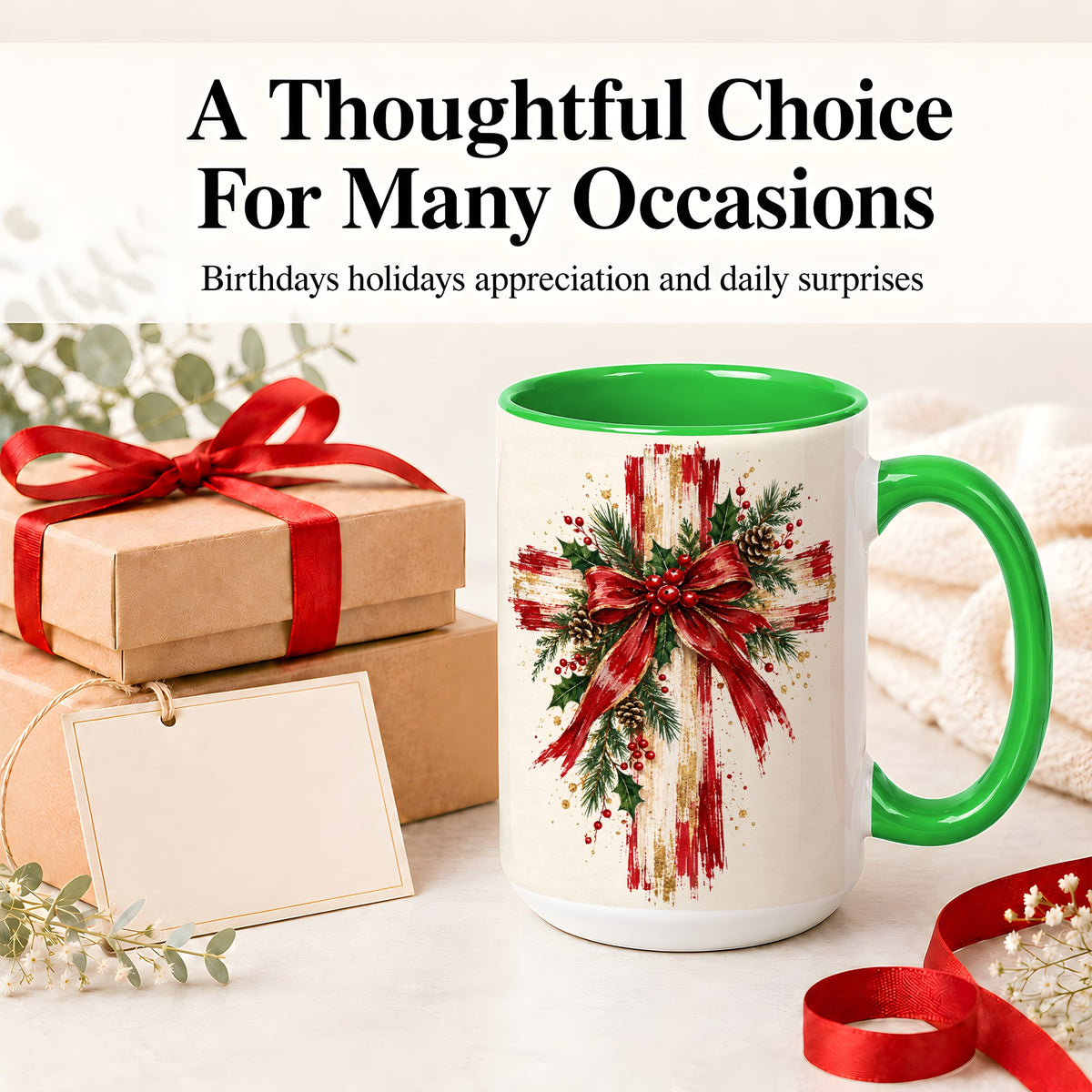 #pl[15oz|Green] Christmas Cross Ceramic Mug, Faith Holiday Coffee Cup Artwork