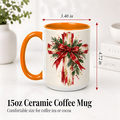 #pl[15oz|Orange] Christmas Cross Ceramic Mug, Faith Holiday Coffee Cup Artwork