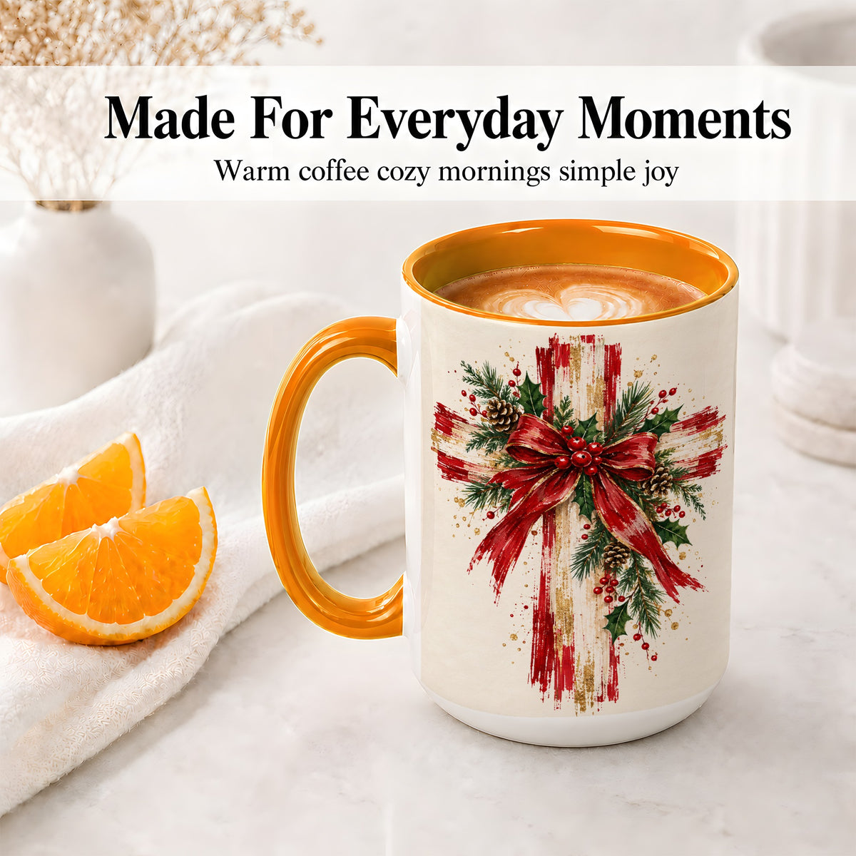 #pl[15oz|Orange] Christmas Cross Ceramic Mug, Faith Holiday Coffee Cup Artwork