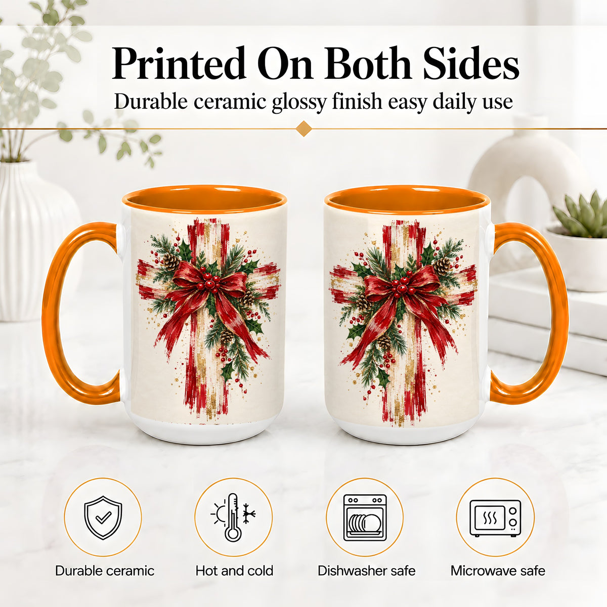 #pl[15oz|Orange] Christmas Cross Ceramic Mug, Faith Holiday Coffee Cup Artwork