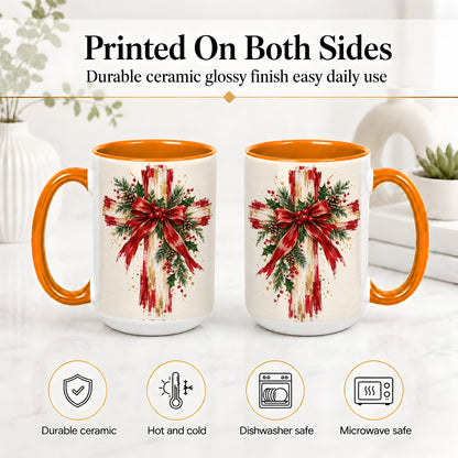 #pl[15oz|Orange] Christmas Cross Ceramic Mug, Faith Holiday Coffee Cup Artwork