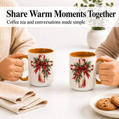 #pl[15oz|Orange] Christmas Cross Ceramic Mug, Faith Holiday Coffee Cup Artwork