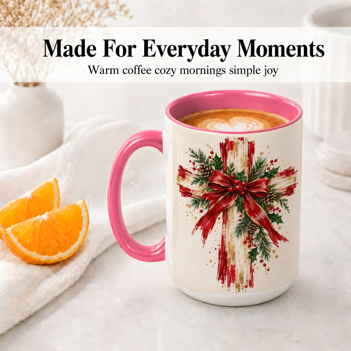 #pl[15oz|Pink] Christmas Cross Ceramic Mug, Faith Holiday Coffee Cup Artwork