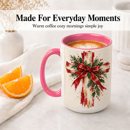 #pl[15oz|Pink] Christmas Cross Ceramic Mug, Faith Holiday Coffee Cup Artwork
