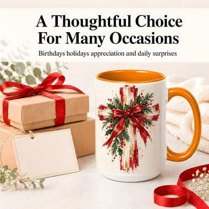 #pl[15oz|Orange] Christmas Cross Ceramic Mug, Faith Holiday Coffee Cup Artwork