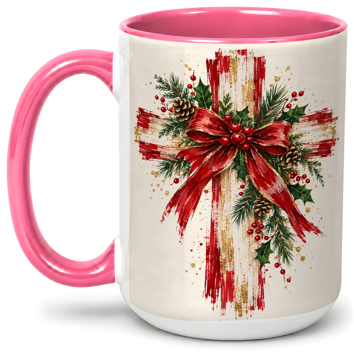 #pl[15oz|Pink] Christmas Cross Ceramic Mug, Faith Holiday Coffee Cup Artwork