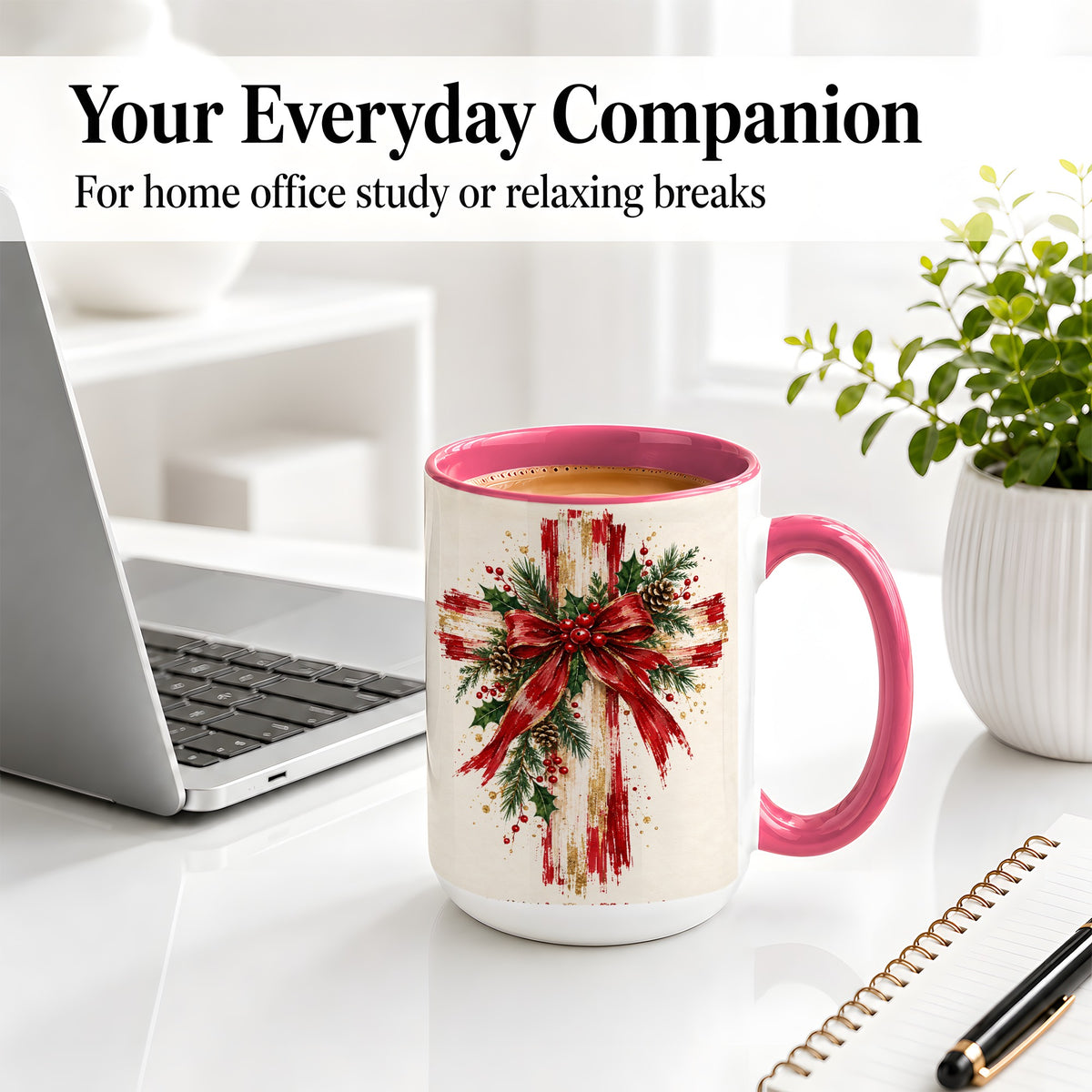 #pl[15oz|Pink] Christmas Cross Ceramic Mug, Faith Holiday Coffee Cup Artwork