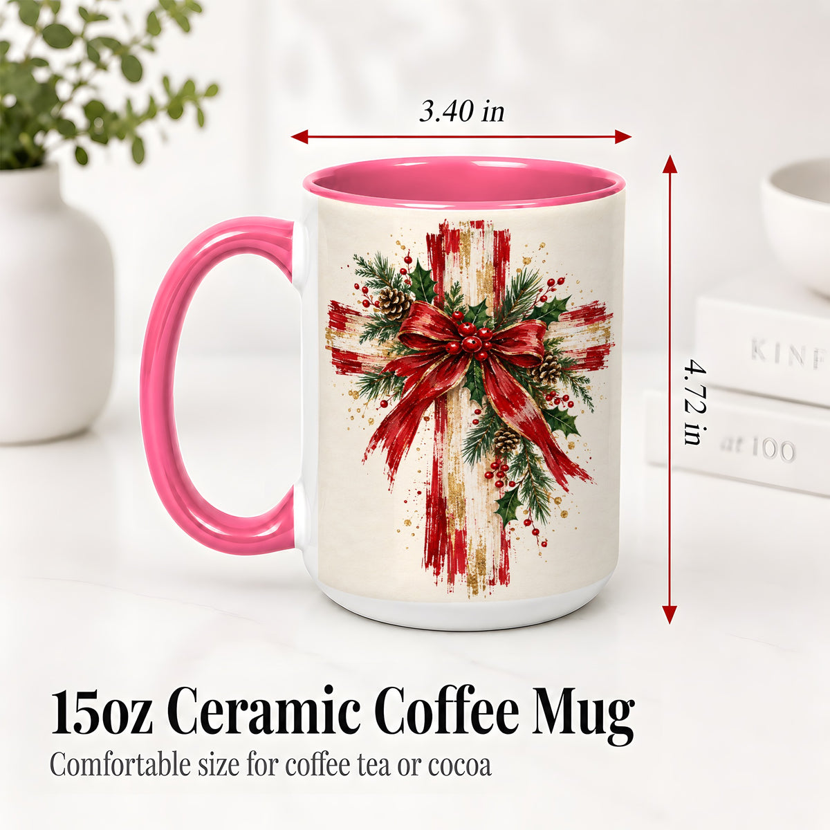 #pl[15oz|Pink] Christmas Cross Ceramic Mug, Faith Holiday Coffee Cup Artwork