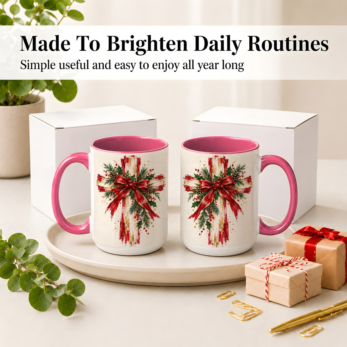 #pl[15oz|Pink] Christmas Cross Ceramic Mug, Faith Holiday Coffee Cup Artwork