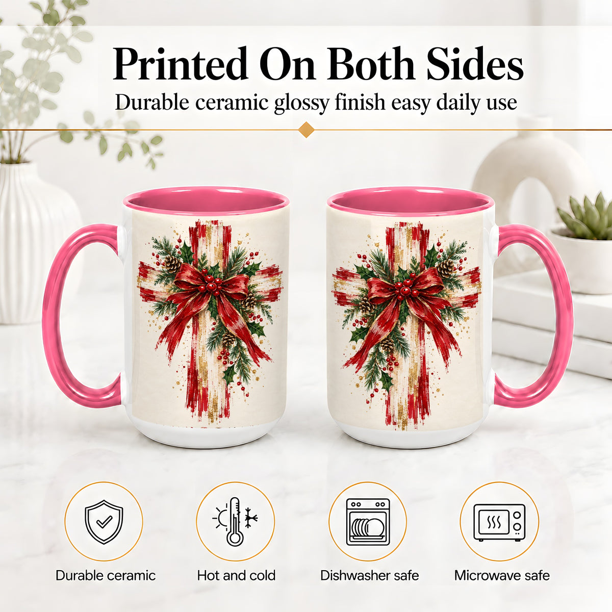 #pl[15oz|Pink] Christmas Cross Ceramic Mug, Faith Holiday Coffee Cup Artwork