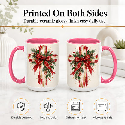 #pl[15oz|Pink] Christmas Cross Ceramic Mug, Faith Holiday Coffee Cup Artwork