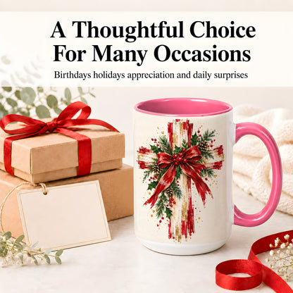 #pl[15oz|Pink] Christmas Cross Ceramic Mug, Faith Holiday Coffee Cup Artwork
