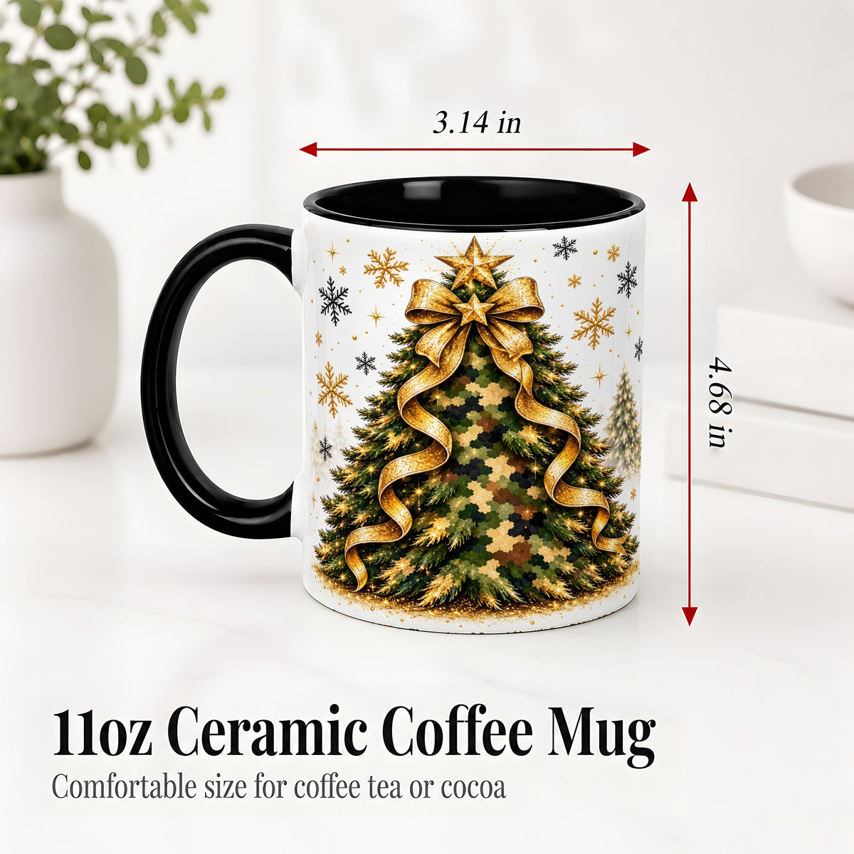 #pl[11oz|Black] Camo Christmas Tree Ceramic Mug, Gold Holiday Coffee Cup Artwork
