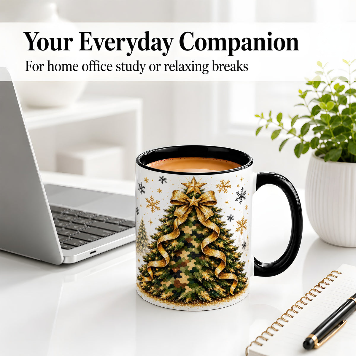 #pl[11oz|Black] Camo Christmas Tree Ceramic Mug, Gold Holiday Coffee Cup Artwork