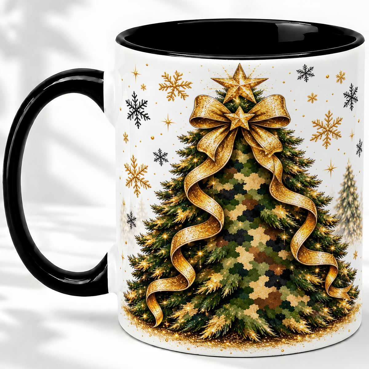 #pl[11oz|Black] Camo Christmas Tree Ceramic Mug, Gold Holiday Coffee Cup Artwork