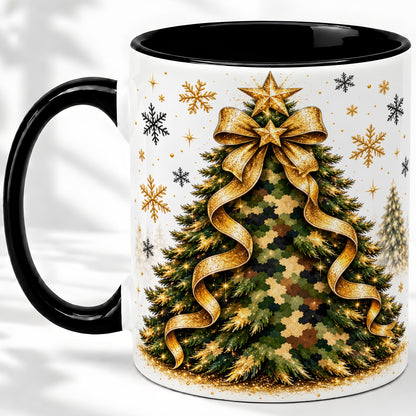 #pl[11oz|Black] Camo Christmas Tree Ceramic Mug, Gold Holiday Coffee Cup Artwork
