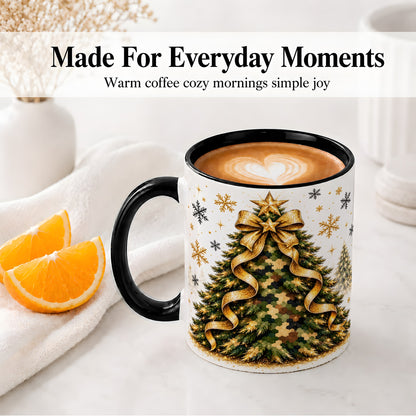 #pl[11oz|Black] Camo Christmas Tree Ceramic Mug, Gold Holiday Coffee Cup Artwork