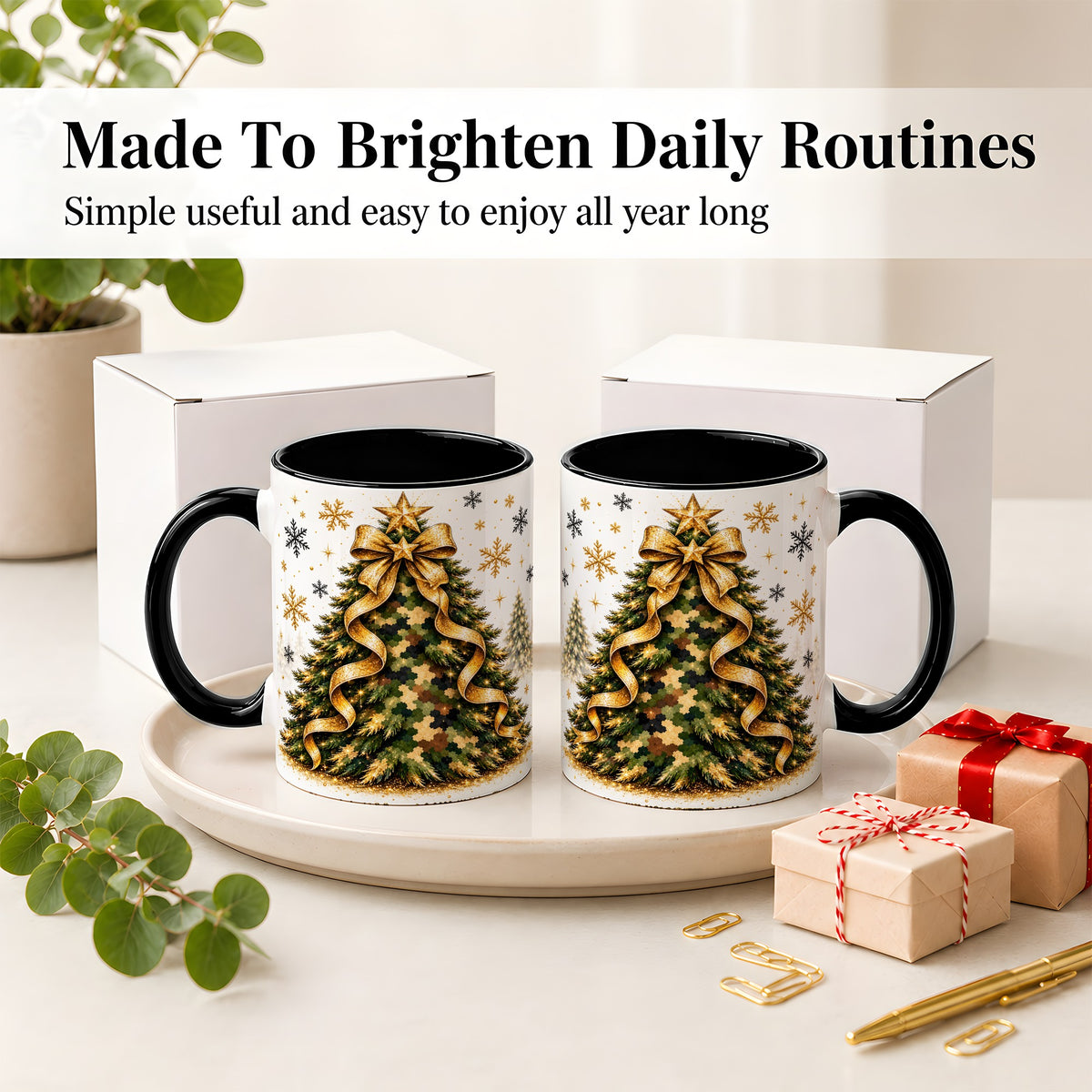 #pl[11oz|Black] Camo Christmas Tree Ceramic Mug, Gold Holiday Coffee Cup Artwork